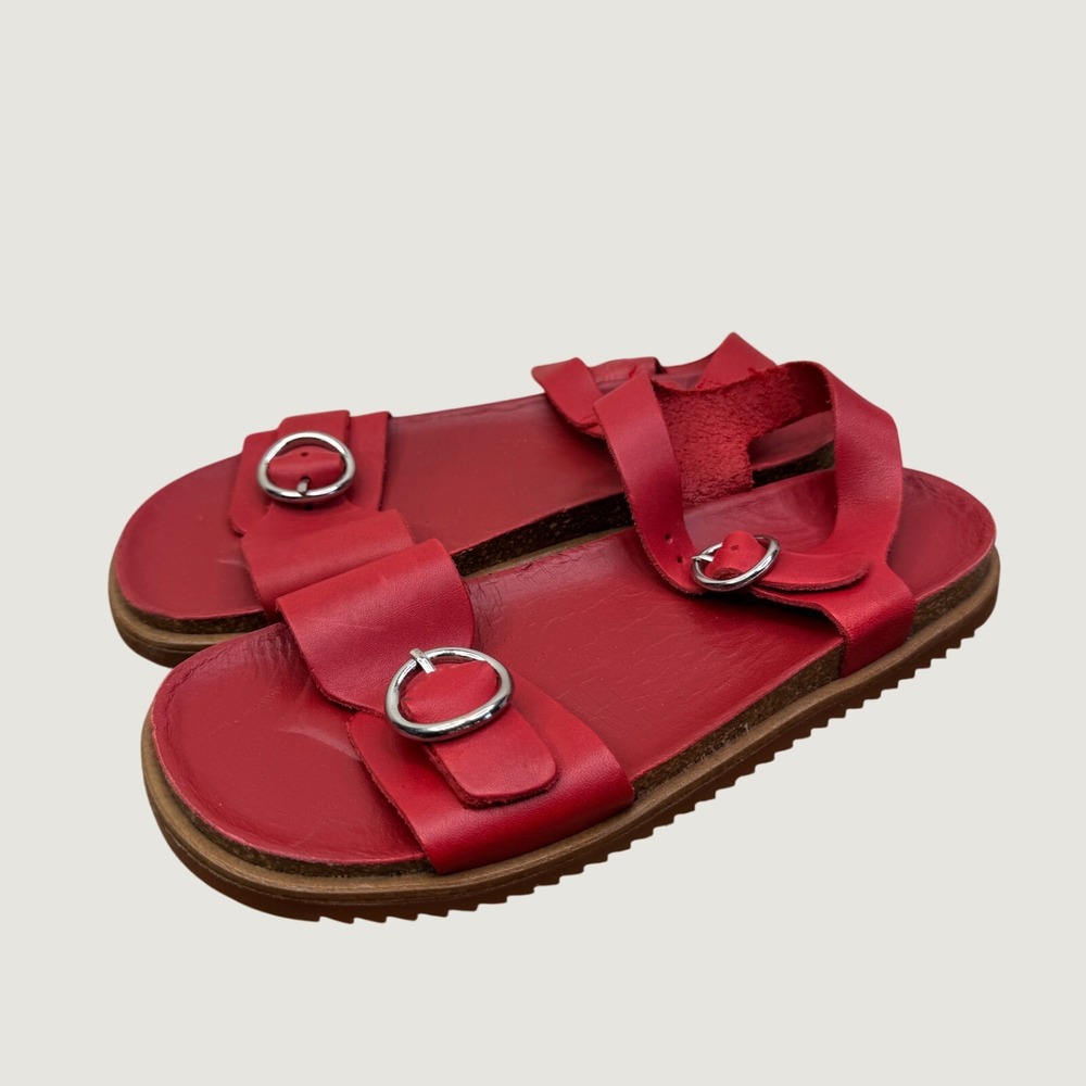 ZARA Big Kids Red Leather Strap Sandals Buckle Open Toe Size 34 3
